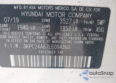 2020 Hyundai Accent Se from USA, damaged, VIN 3KPC24A67LE094360